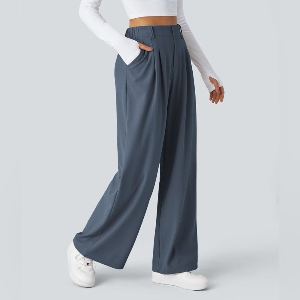 NEW Halara Flex High Waist Wide Leg Waffle Work Pants Slacks Blue Gray XL NWT